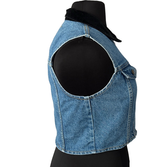 Paris Blues Original 80s Vintage Denim Fitted Zip Vest Black Velvet Collar - Picture 4 of 8